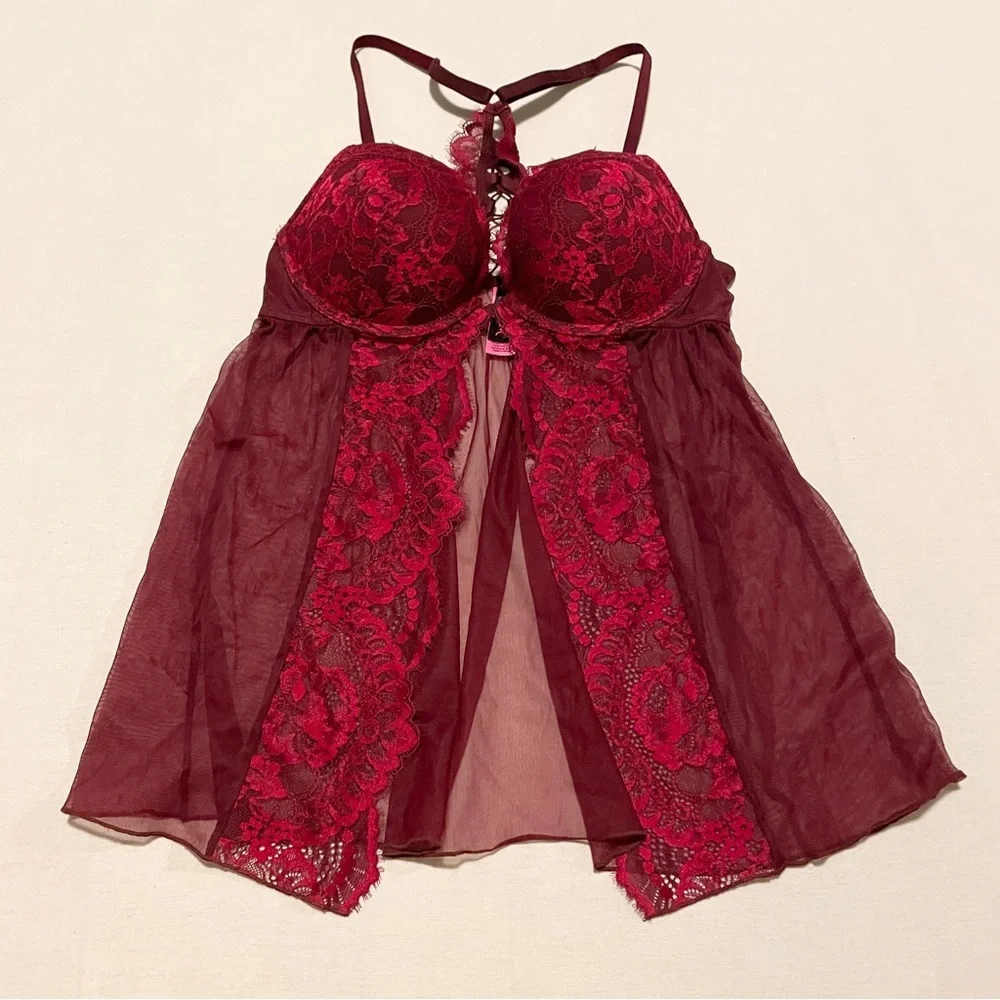 La Senza Burgundy Lace & Mesh Flyaway Babydoll Size M - Picture 15 of 15